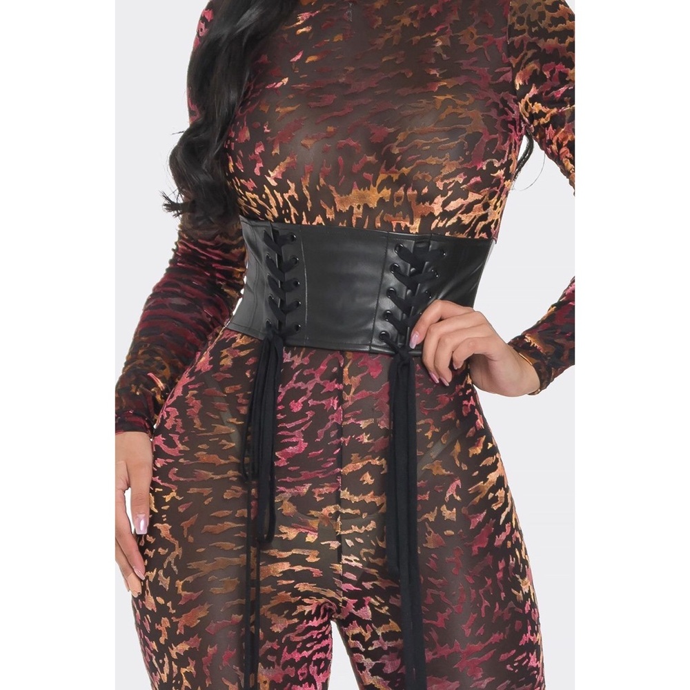 Las Vegas Brown Animal Print Mesh Velvet Jumpsuit - Picture 4 of 4